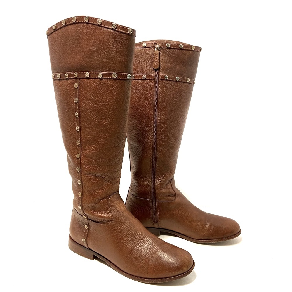 Tory Burch Brown Leather Studded Riding Boots 8.5